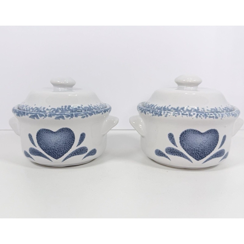 Soup Crocks With Lids Blue Hearts Sponge Ware Rims Casserole Dishes Granny core